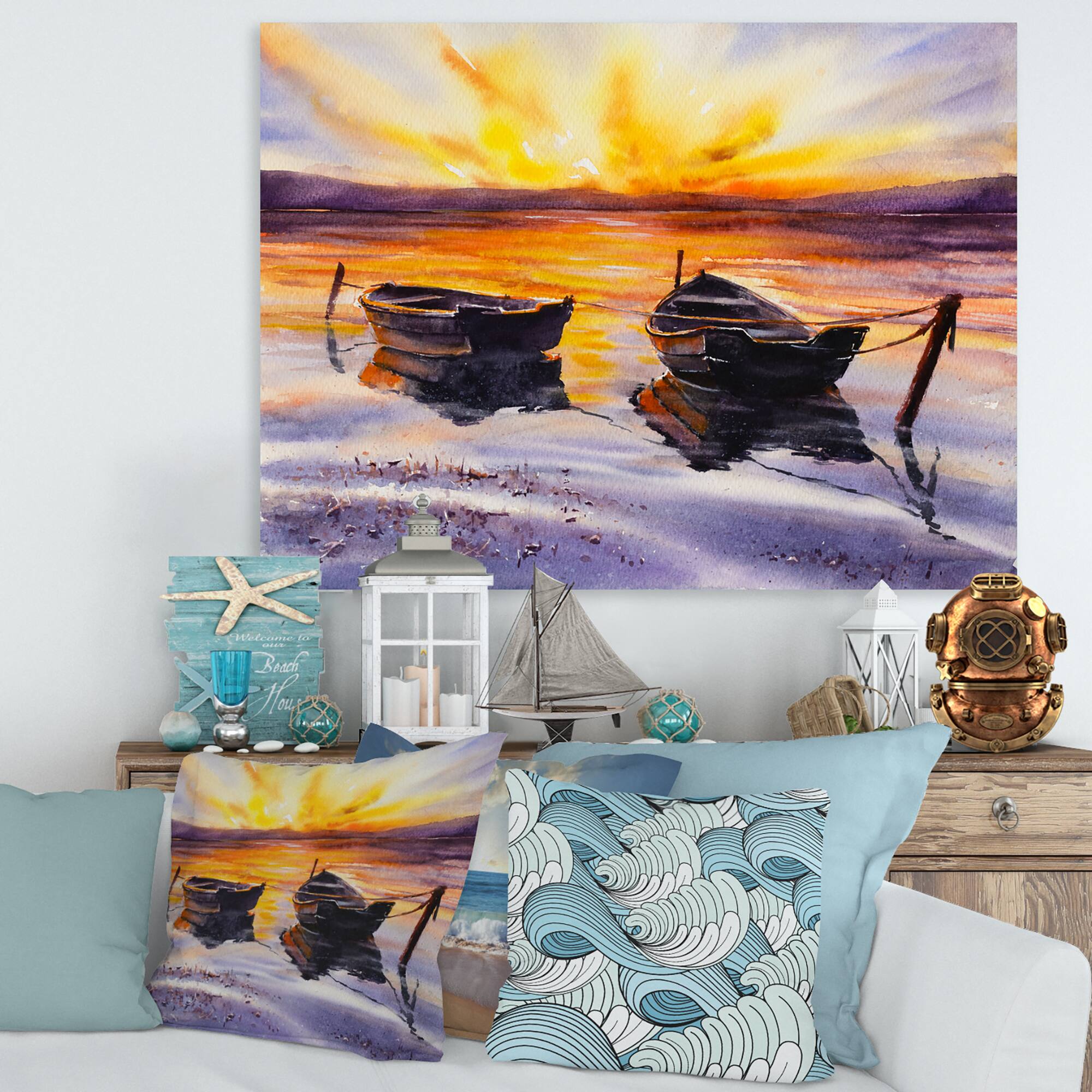Designart - Sunset and Two Small Boats Parking On The Shore